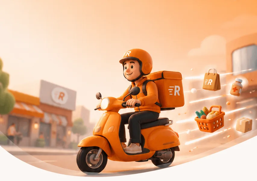 Un repartidor de RapiMandado en scooter, con la mochila de pedidos, andando por la ciudad